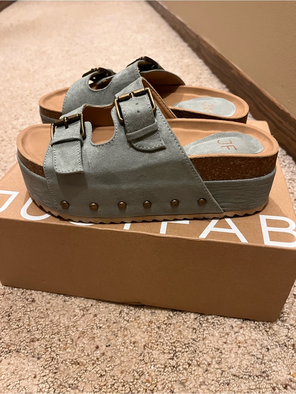 Women's Double Buckle Platform Slide Sandals in Light Sage